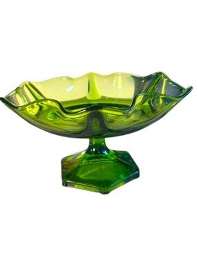 Vintage MCM Viking Glass Epic 6 Petal Green Compote Pedestal Bowl